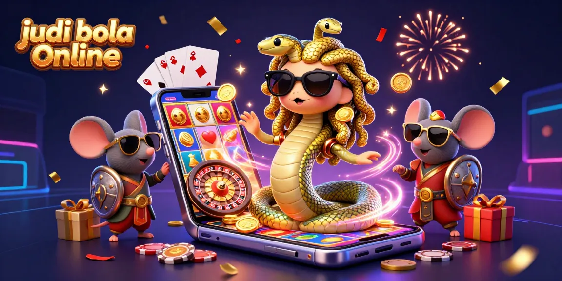 Engage in judi bola online with a vibrant 3D illustration of Medusa and a warrior mouse amidst dynamic casino elements.