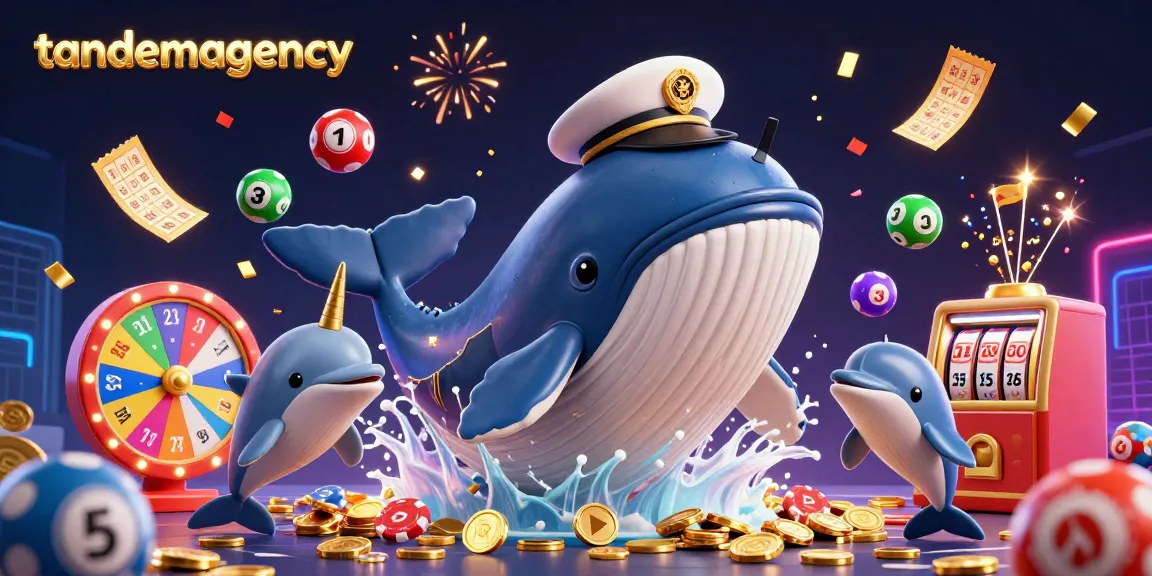 Tandemagency showcases an exciting casino illustration with a whale, narwhal, and dolphins amidst vibrant lottery elements.