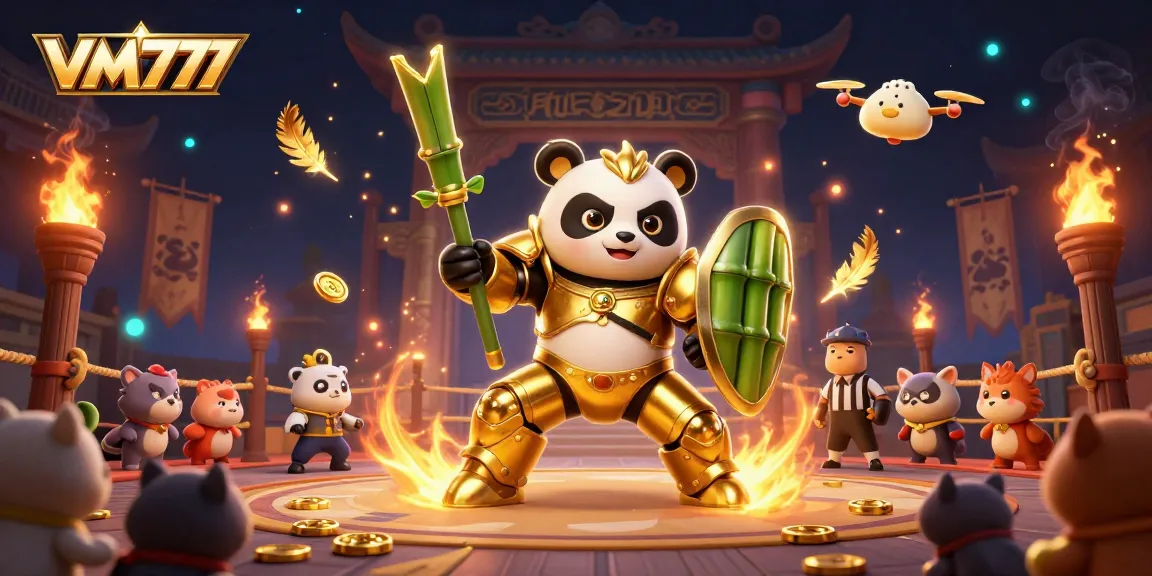 Experience thrilling betting action at VM777 with animated mech-suit panda in a vibrant casino scene.