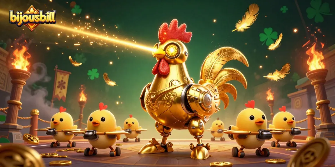 Engage with bijousbill's interactive casino experience featuring golden rooster robot and dynamic baby chick drones.