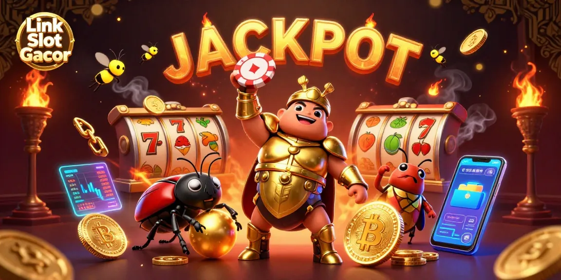 Celebrate wins with Link Slot Gacor, where a victorious beetle lifts a poker chip in a vibrant casino scene.