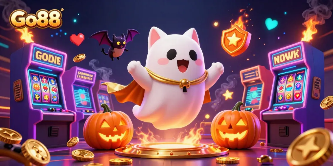 Experience winning chances at Go88's vibrant casino, featuring a friendly ghost cat and colorful game machines.