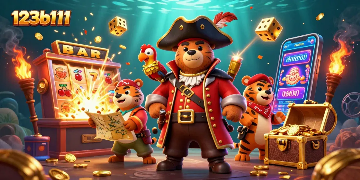 Experience the vibrant casino excitement with 123b111 through a cartoon pirate adventure scene with treasure!