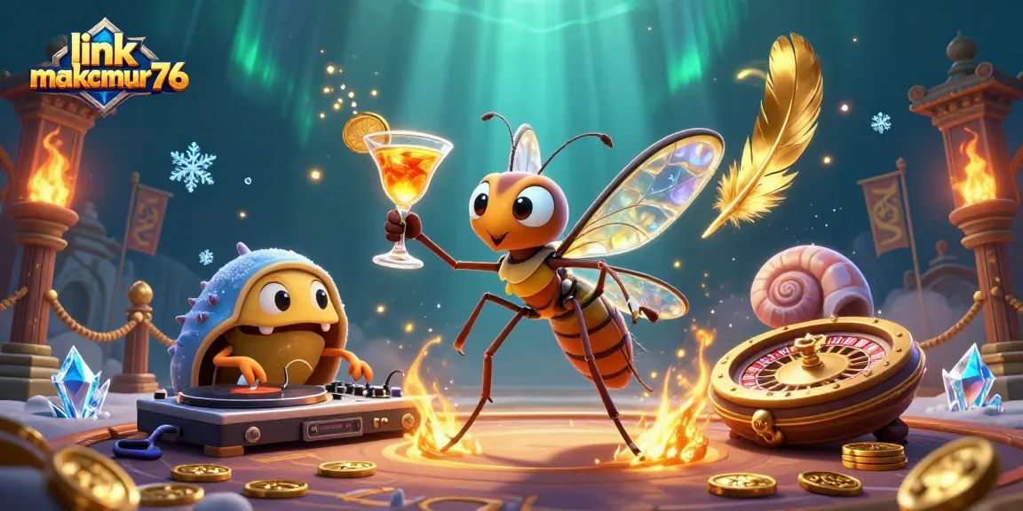 Spin to win with link makmur76 in a vibrant casino-themed illustration featuring dynamic characters and elements.