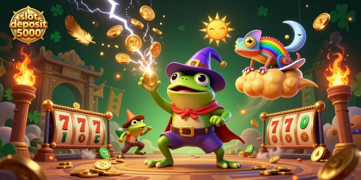 Engage in thrilling gaming with slot deposit 5000 as a 3D wizard frog conjures golden coins.
