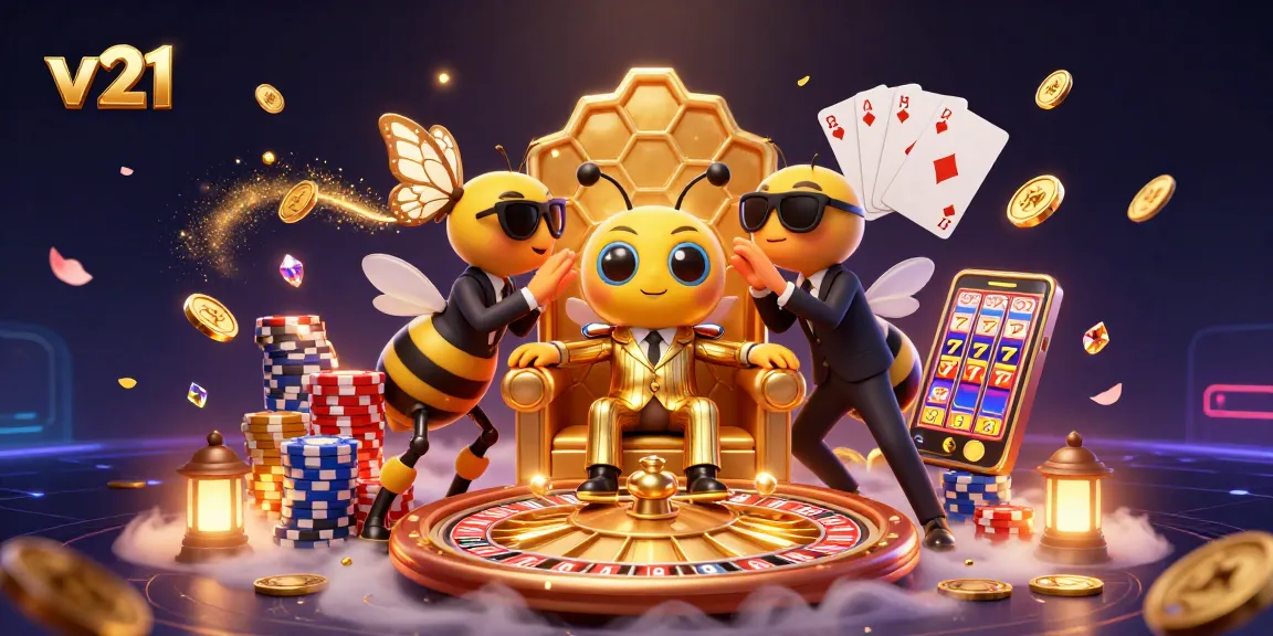 v21 menyajikan gambar ilustrasi 3D kasino dengan ratu kupu-kupu dan bos lebah memimpin permainan jackpot.