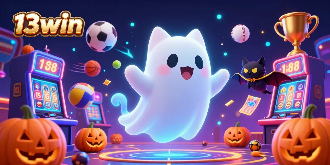 Experience the thrill of winning at 13win with a captivating ghost cat casino scene filled with dynamic sports elements.