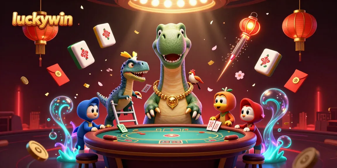 Experience the thrill of luckywin with a cartoon dinosaur and raptor in an animated casino setting.