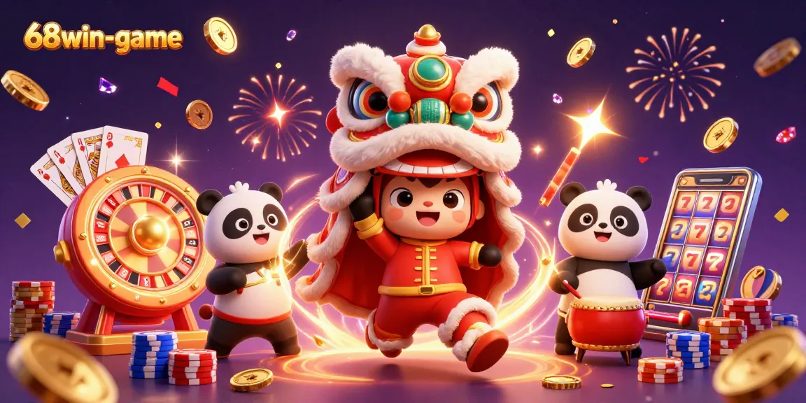 Experience thrilling wins with 68win-game in this vibrant casino illustration featuring festive characters.