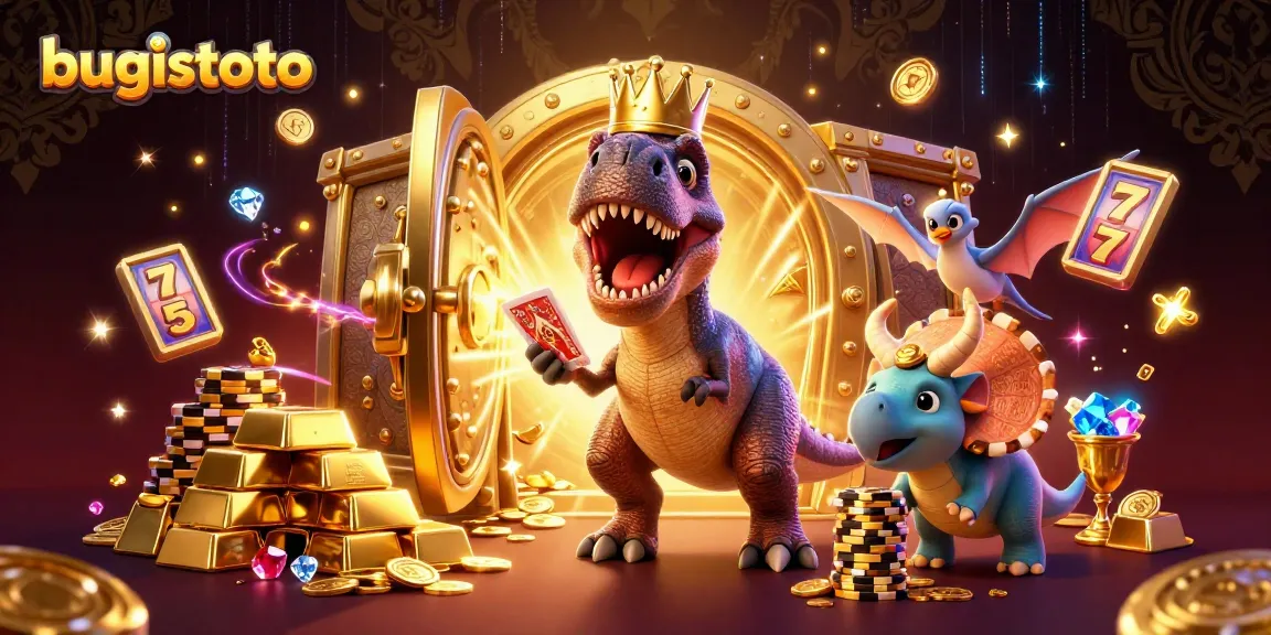 Bermain bugistoto dengan T-Rex yang lucu dan teman-temannya dalam suasana kasino penuh gemerlap.