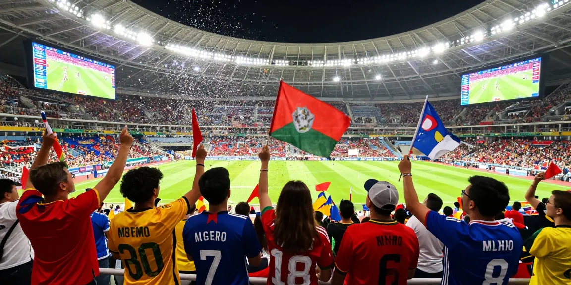 Merayakan jadwal piala dunia 2026 dengan teman-teman di stadion, menampilkan semangat suporter.