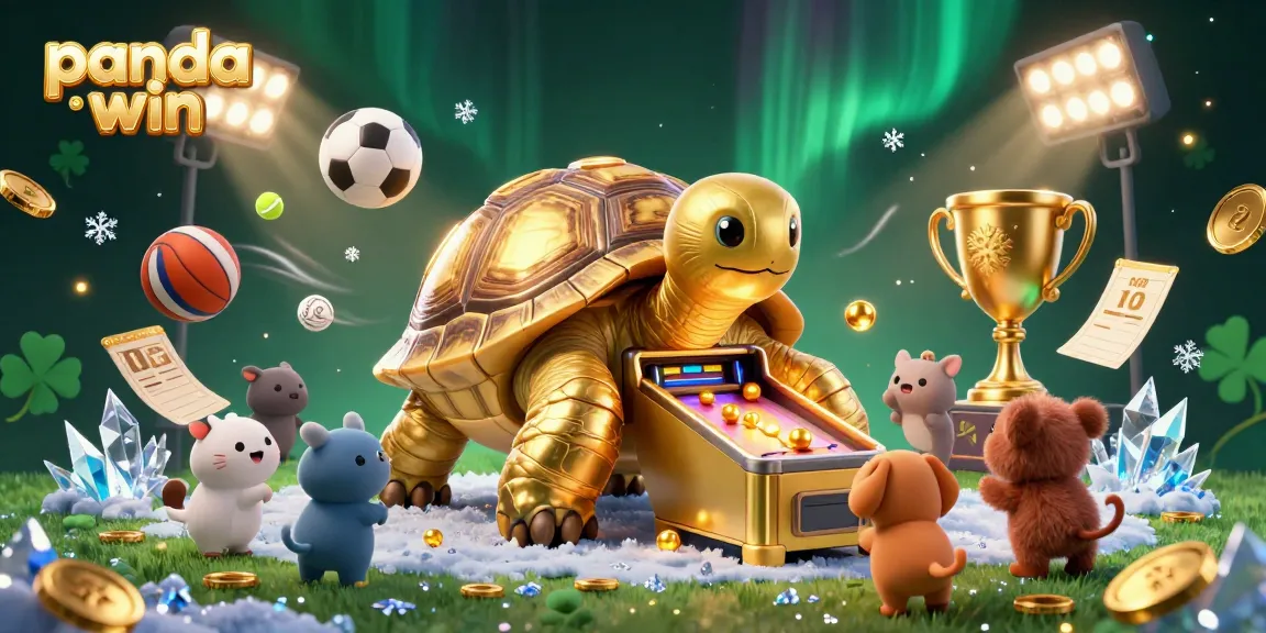 Panda win showcases an energetic scene with a colossal tortoise pinball machine and excited animals, surrounded by dynamic sports elements.