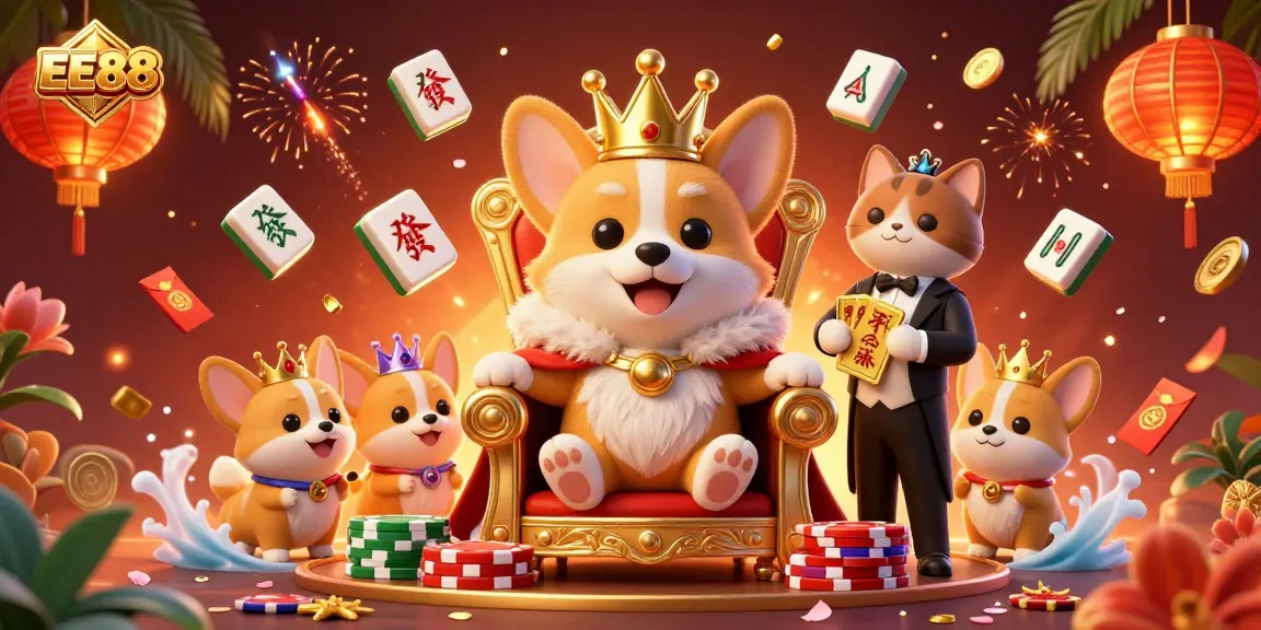Experience high-stakes gameplay with EE88’s vibrant casino scene featuring a royal corgi and lively game elements.