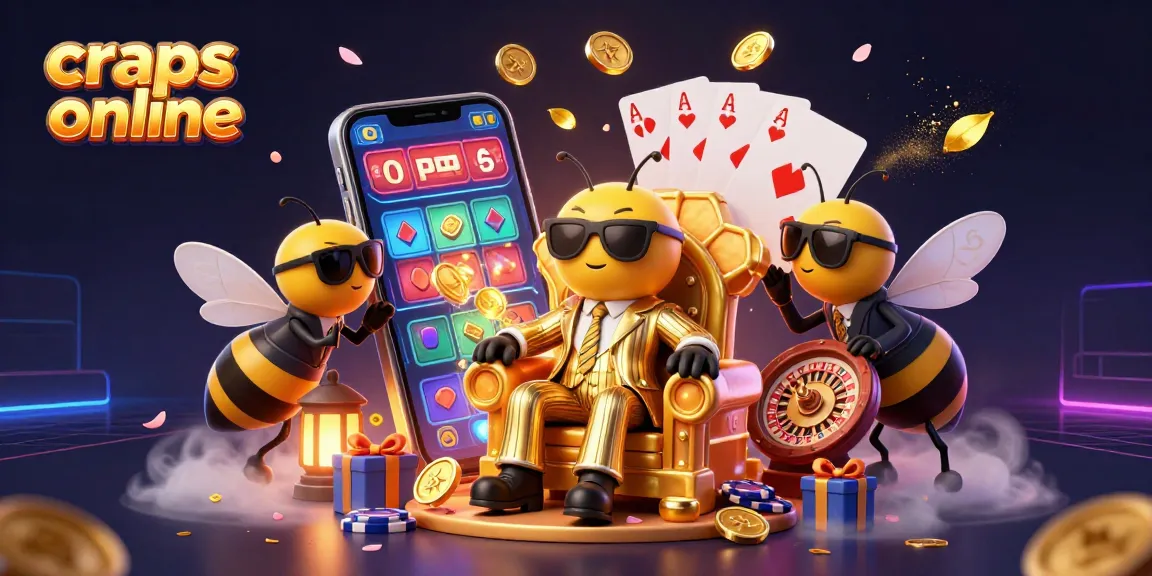 Craps online game showcasing a cartoon bumblebee mob boss amid winning excitement and vibrant casino elements.