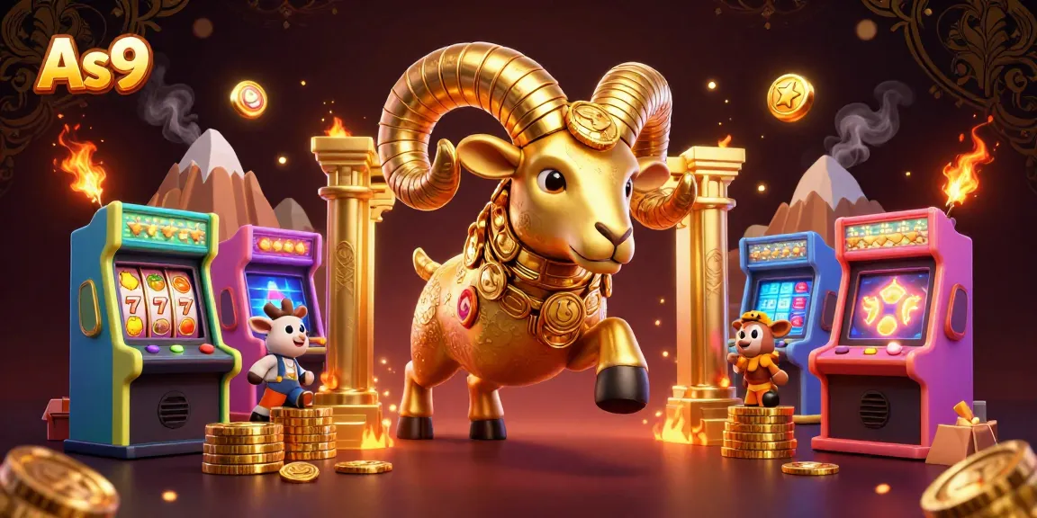 Immerse in the As9 casino realm as a golden ram charges through colorful arcade elements, captivating gamblers.
