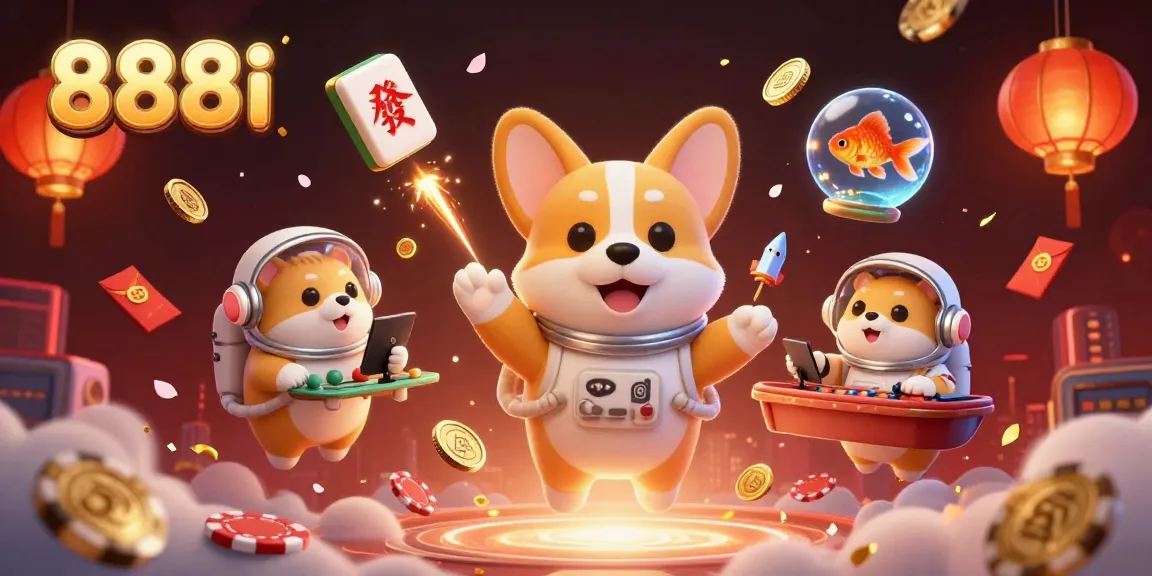 Experience 888i's exciting casino adventure with a gaming astronaut corgi in a vibrant space setting.