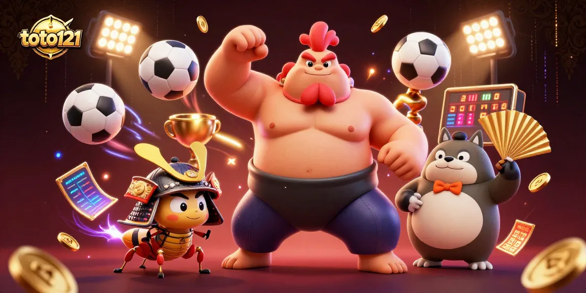 Menangkan taruhan di toto121 sambil menyaksikan sumo, kriket, dan tanuki dalam ilustrasi kasino yang dinamis.