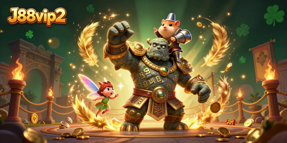 Engage in the vibrant world of J88vip2 with a captivating illustration showcasing a heroic hamster knight, an ancient golem, and a fairy.
